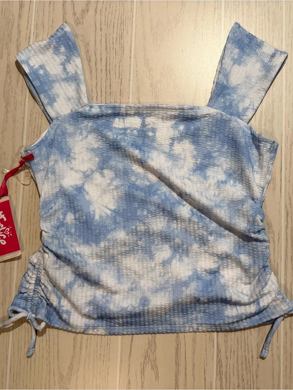 Justice Girls XL 16/18 Blue White Tie Dye Ribbed Cinch Side Top NWT